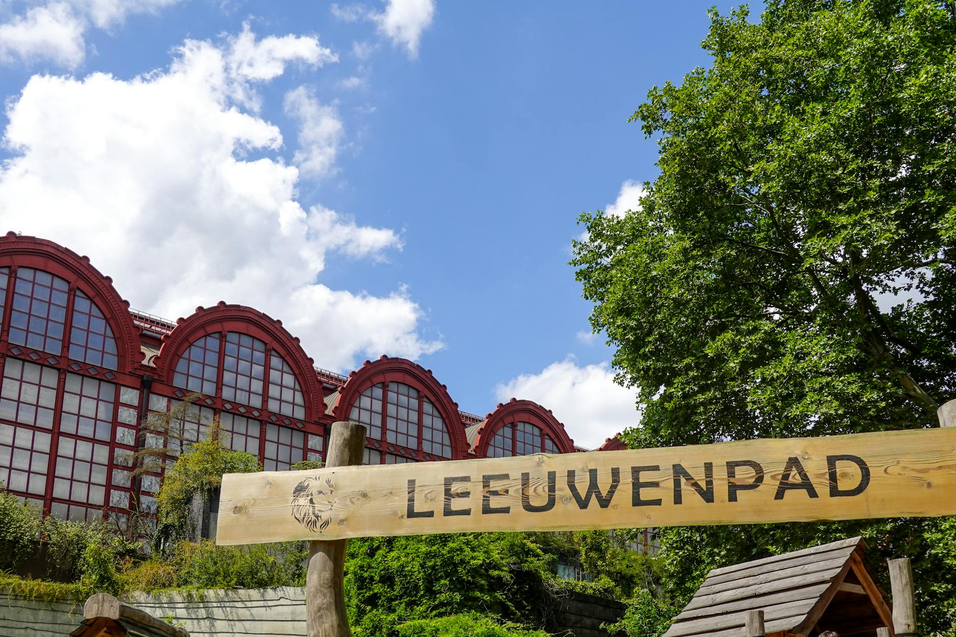 Wooden 'Leeuwenpad' sign with vintage architecture in the background on a sunny day.