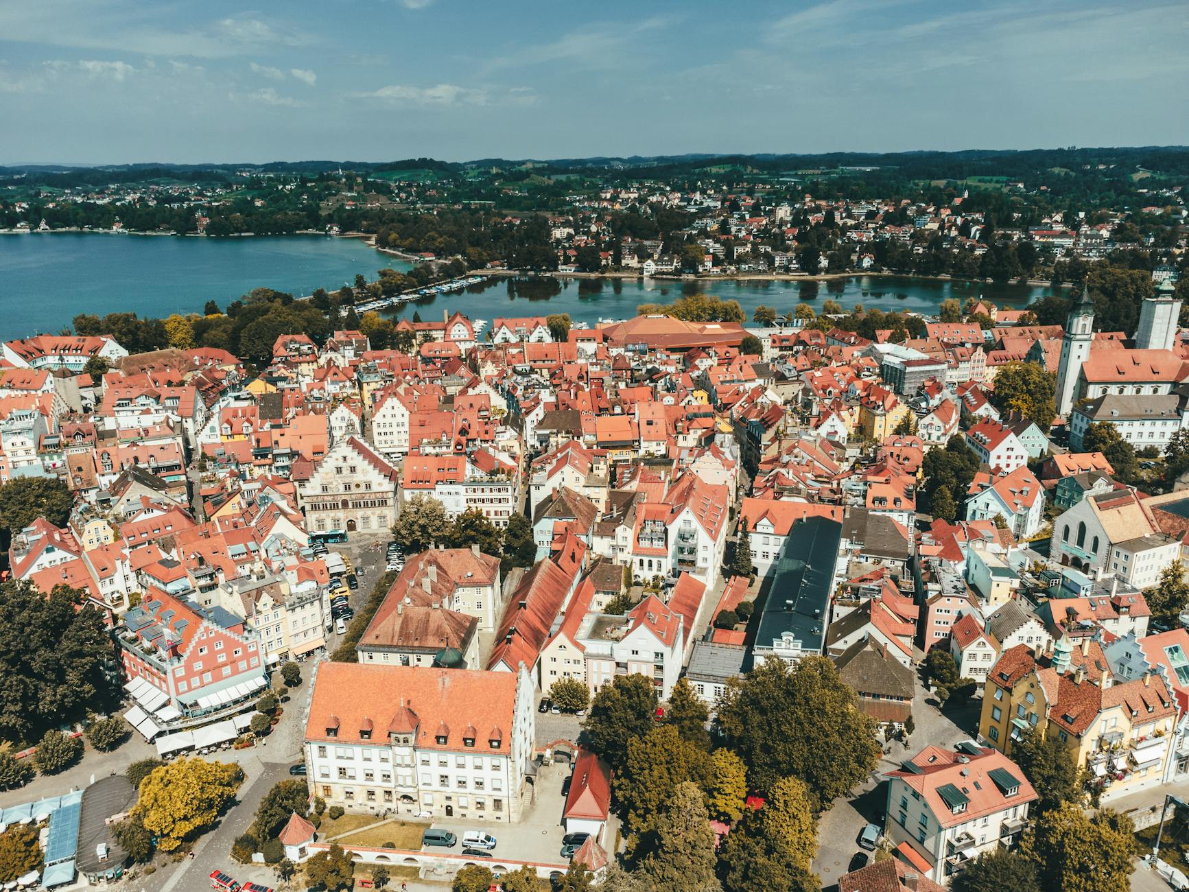 Captivating aerial view of Lindau, Germany, showcasing historic buildings by Lake Constance.