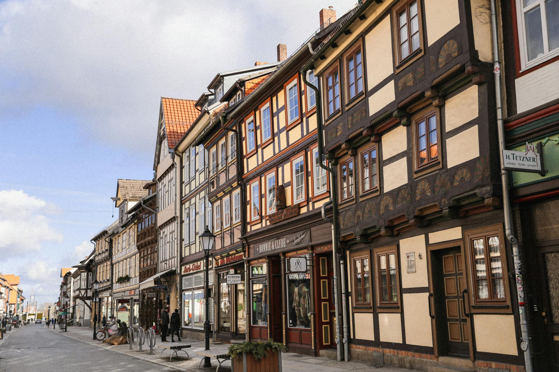 Beautiful street view of historic half-timbered buildings in a quaint German town.