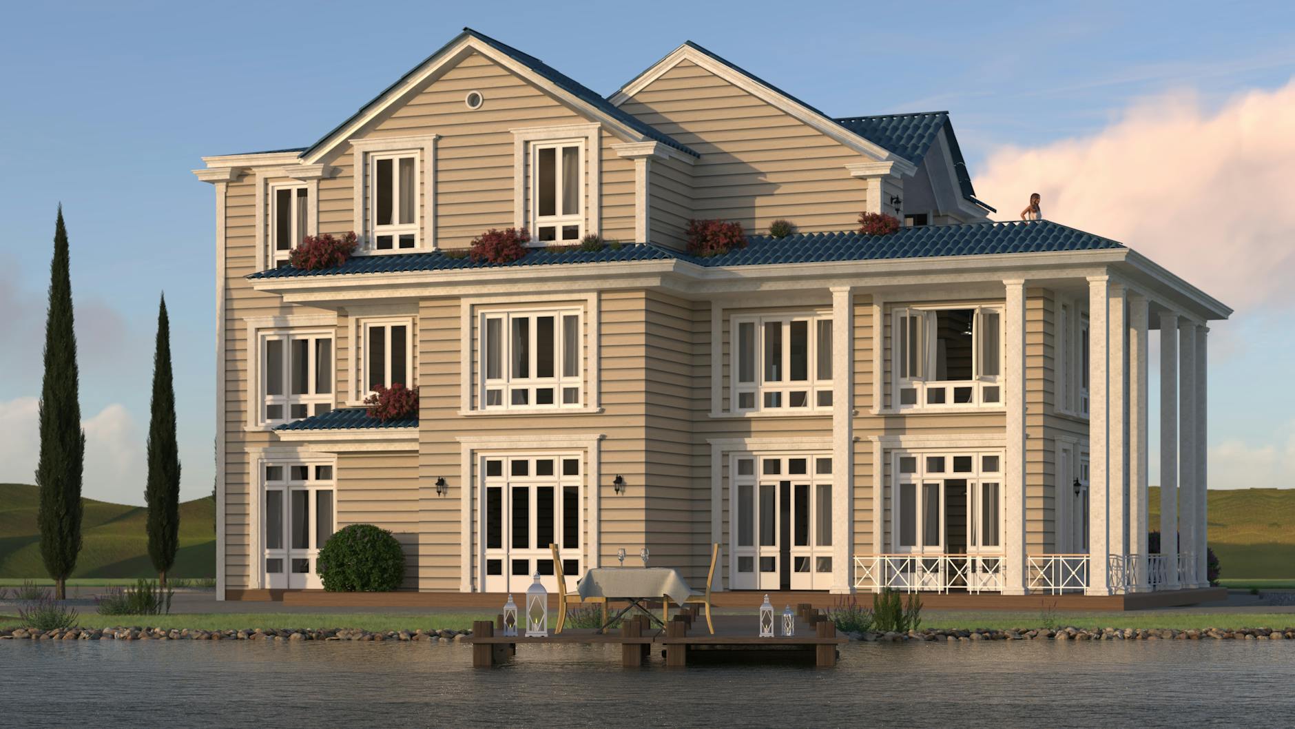Charming three-story villa with lake view, surrounded by serene nature at sunset.