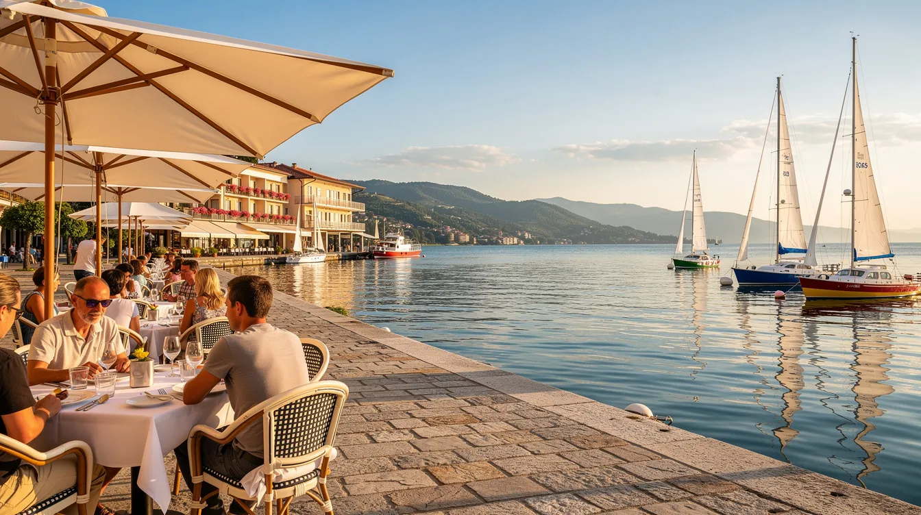 Die sonnige Uferpromenade am Bodensee zeigt Restauranttische im Freien, umgeben von Segelbooten im Hafen. Im Hintergrund erstreckt sich der Blick auf den glitzernden See, während die umliegenden Landschaften von Baden-Württemberg und Vorarlberg zu sehen sind.