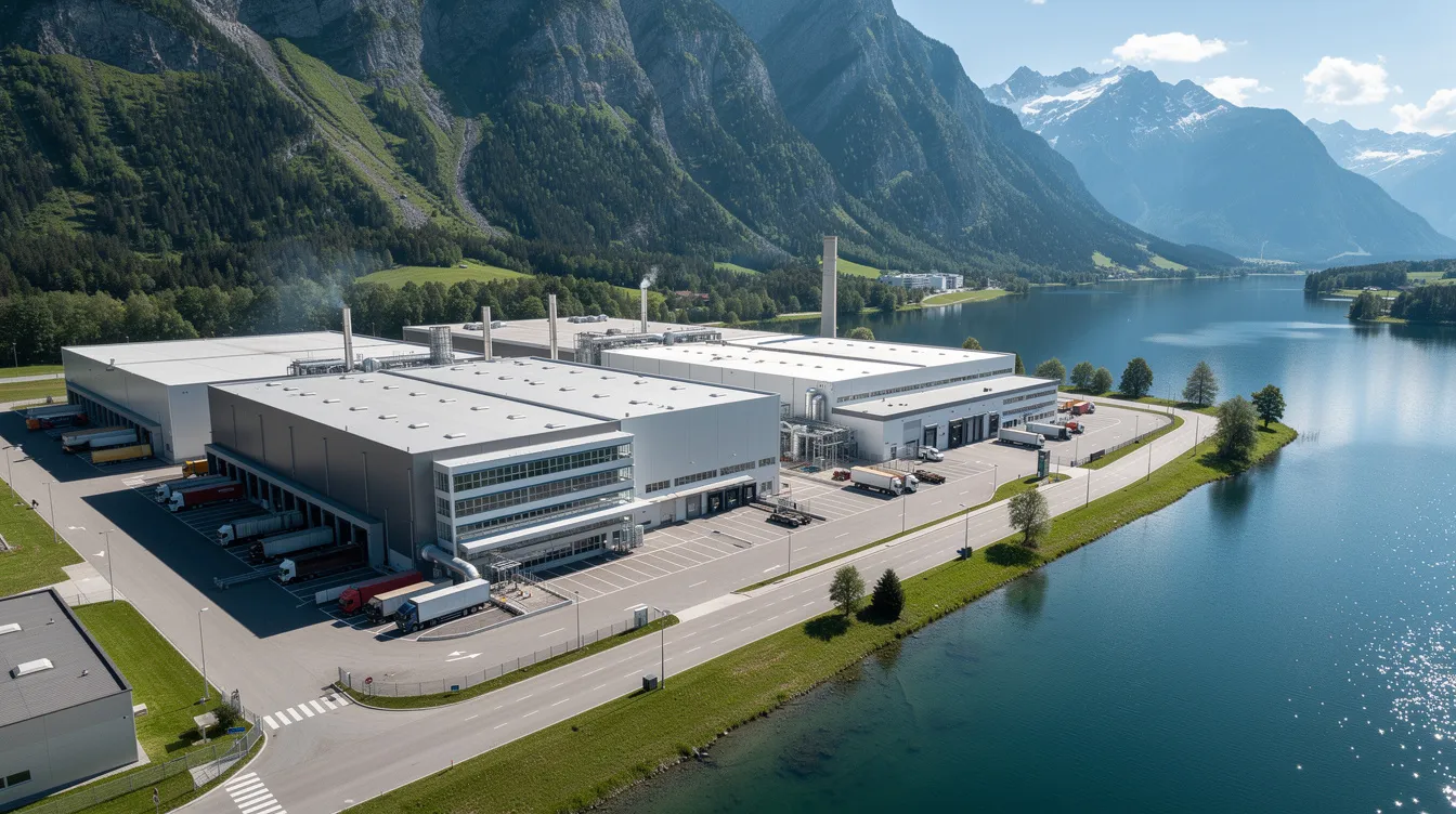 Die Luftaufnahme zeigt eine moderne Industrieanlage in der Bodenseeregion, umgeben von einem malerischen See und majestätischen Bergen im Hintergrund. Diese Landschaft vereint wirtschaftliche Entwicklung und natürliche Schönheit, was den Standort zu einem bedeutenden Wirtschaftsstandort in der Region macht.