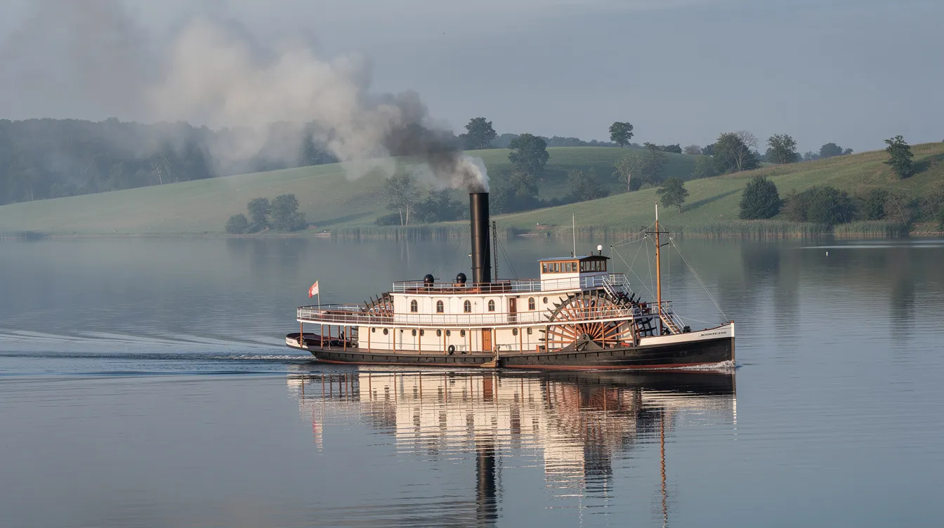 Ein historischer Raddampfer fährt auf einem ruhigen See, umgeben von sanften, grünen Uferhügeln. Im Hintergrund sind die malerischen Landschaften von Baden-Württemberg und Vorarlberg zu sehen, die den Bodensee umrahmen.