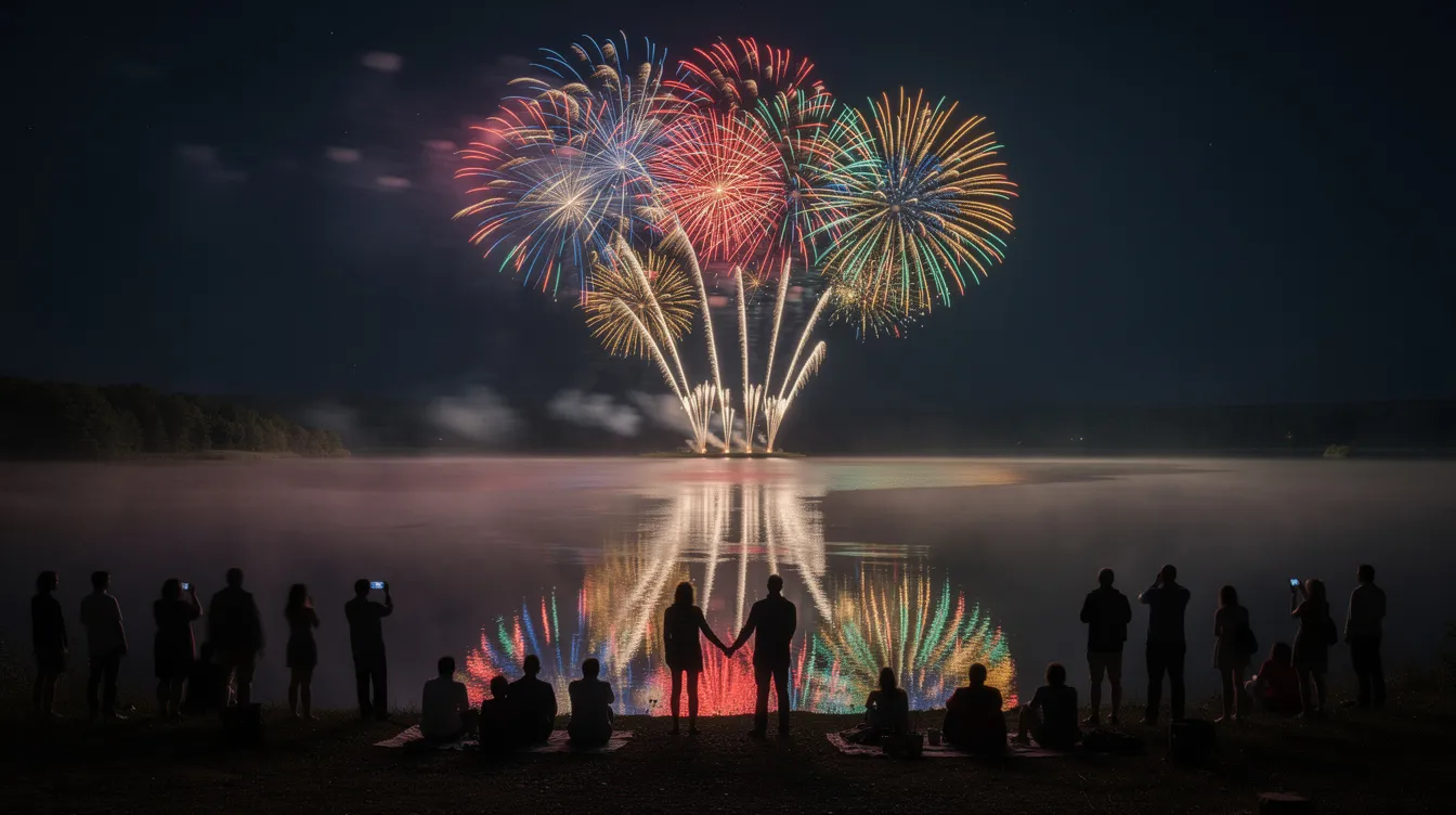 Ein buntes Feuerwerk erleuchtet den Himmel über dem Bodensee, während sich die bunten Lichter in der ruhigen Seefläche spiegeln. Silhouetten von Zuschauern am Ufer, die das Konstanzer Seenachtfest genießen, schaffen eine festliche Atmosphäre an diesem Sommerabend.