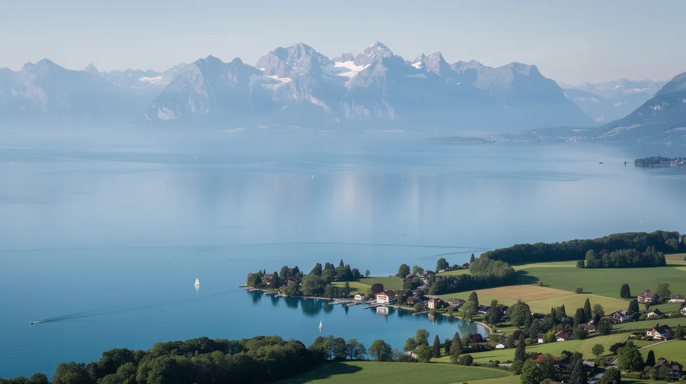 Der Panoramablick auf den Bodensee zeigt die malerische Alpenkette im Hintergrund, umgeben von üppigen, grünen Uferlandschaften. Diese Region ist ein bedeutender Wirtschaftsstandort in der Bodenseeregion, bekannt für ihre hohe Lebensqualität und vielfältige Unternehmen.