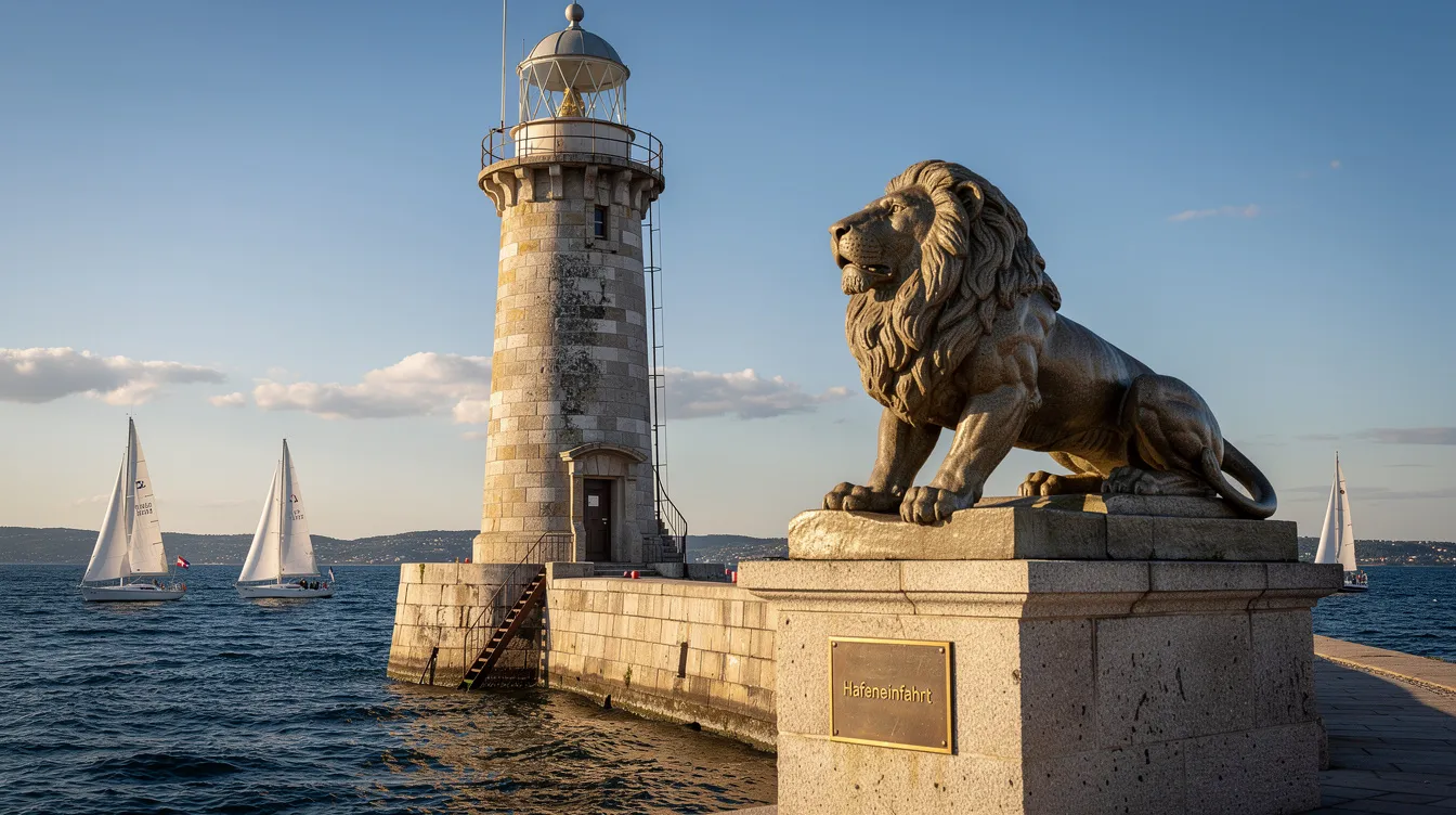 Die Hafeneinfahrt zeigt einen steinernen Leuchtturm mit einer Löwenstatue, während im Hintergrund Segelboote auf dem blauen Wasser des Bodensees schwimmen. Diese Szene befindet sich in der Nähe von Kressbronn, einem malerischen Ort in Baden-Württemberg, Deutschland.