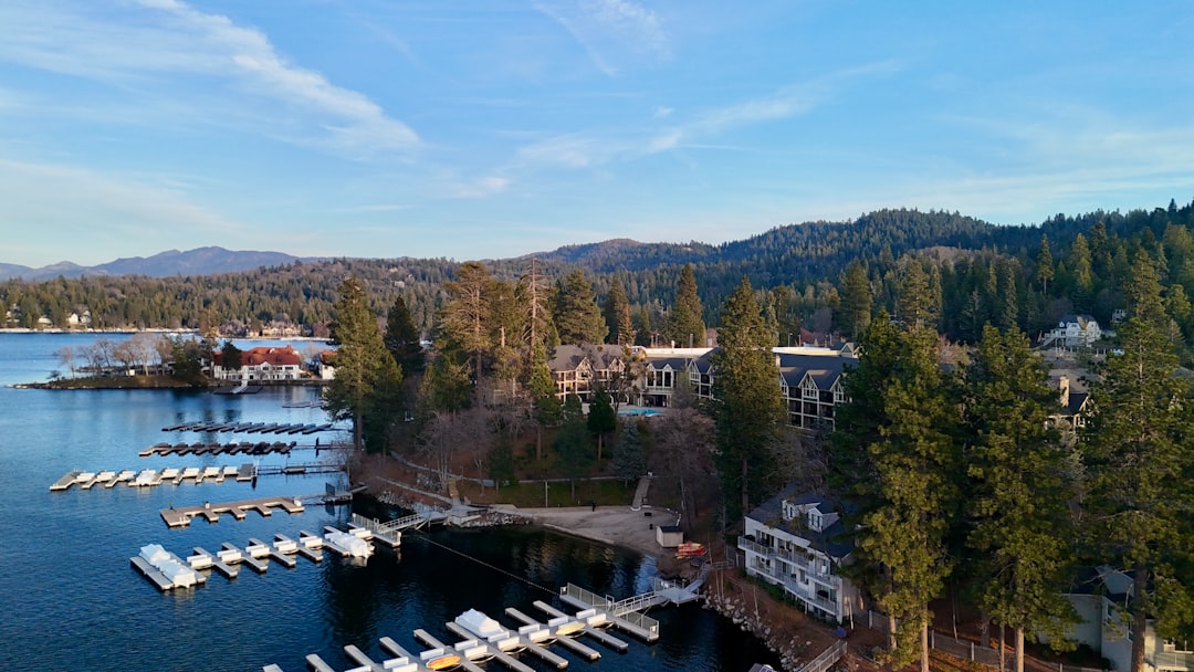 Boats docked on a calm lake surrounded by trees.