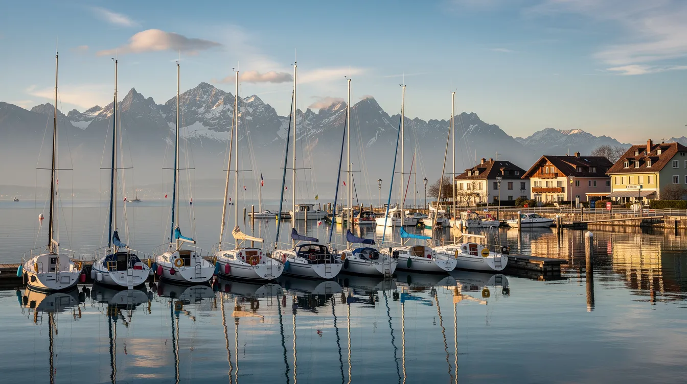 Ein Panoramablick auf einen Bodensee-Hafen in Kressbronn zeigt vertäute Segelboote, die sanft im ruhigen Wasser schaukeln, während sich im Hintergrund die majestätischen Alpen erstrecken. Diese idyllische Szenerie vereint die Schönheit von Baden-Württemberg und die Nähe zu Vorarlberg in Österreich sowie zur Schweiz.