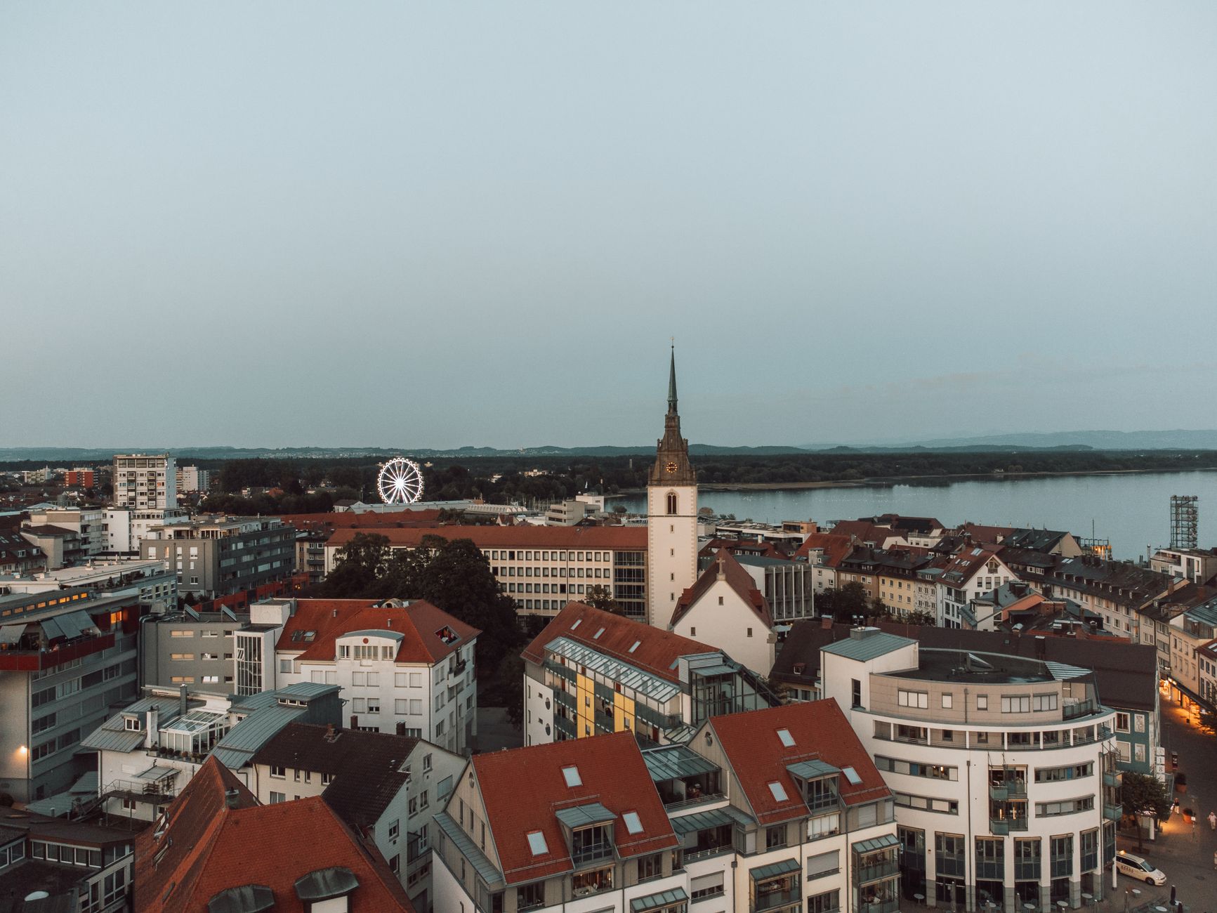 Aerial view of Friedrichshafen, Germany, showcasing city architecture and Lake Constance.
