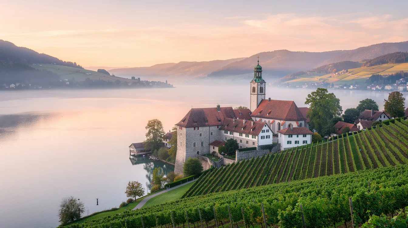 Ein ruhiges Panorama des Bodensees zeigt den Sonnenaufgang über einer historischen Klosteranlage, umgeben von sanften Hügeln und Weinbergen. Im Vordergrund ist die Klosterkirche zu sehen, die die spirituelle Bedeutung des Ortes unterstreicht.