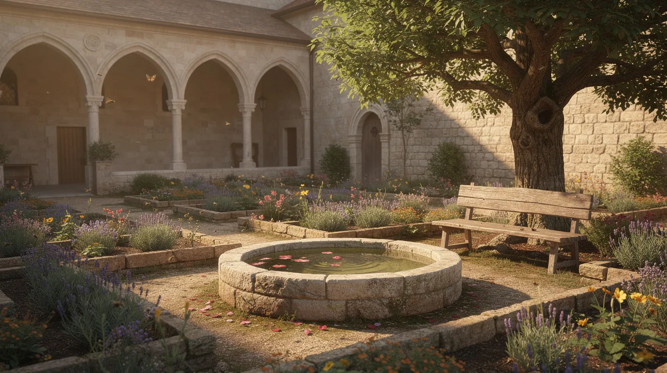 Ein ruhiger Klostergarten mit blühenden Kräuterbeeten, einem Steinbrunnen und einer einfachen Holzbank unter einem alten Baum lädt zur Besinnung und Begegnung ein. Diese Oase der Stille ist ein Teil des Klosters Hegne in der Bodenseeregion und bietet einen Blick auf die umgebende Natur.