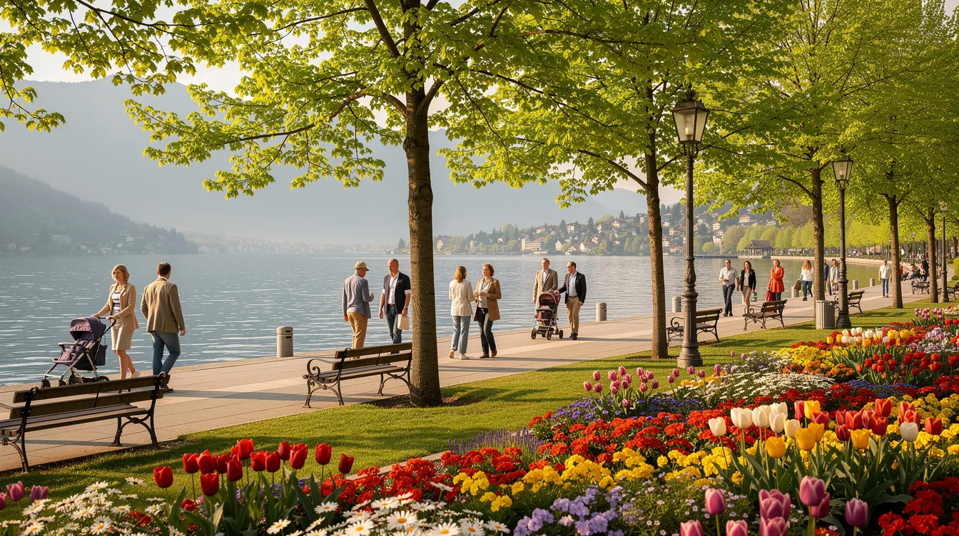 Auf der Uferpromenade am Bodensee spazieren Menschen zwischen blühenden Blumenbeeten und schattenspendenden Bäumen, während sich die sanften Wellen des Sees im Hintergrund spiegeln. Die idyllische Lage bietet einen schönen Panoramablick auf die Umgebung und lädt Gäste ein, die Natur zu genießen.