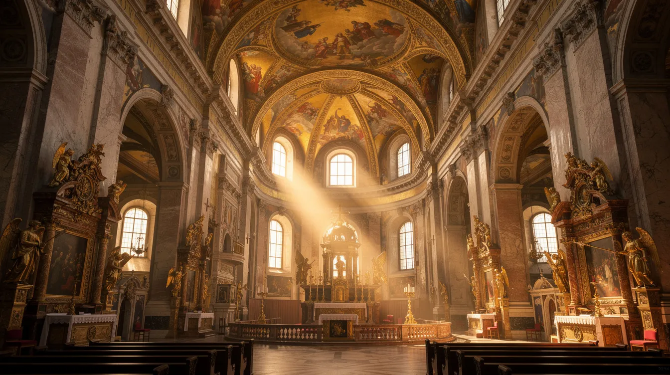Die Innenansicht einer barocken Kirche zeigt prächtige vergoldete Altäre und beeindruckende Deckenfresken, während warmes Licht durch die hohen Fenster strahlt. Diese Atmosphäre der Spiritualität und Tradition lädt zur Besinnung und Begegnung ein, ganz im Sinne der Klostergemeinschaft am Bodensee.