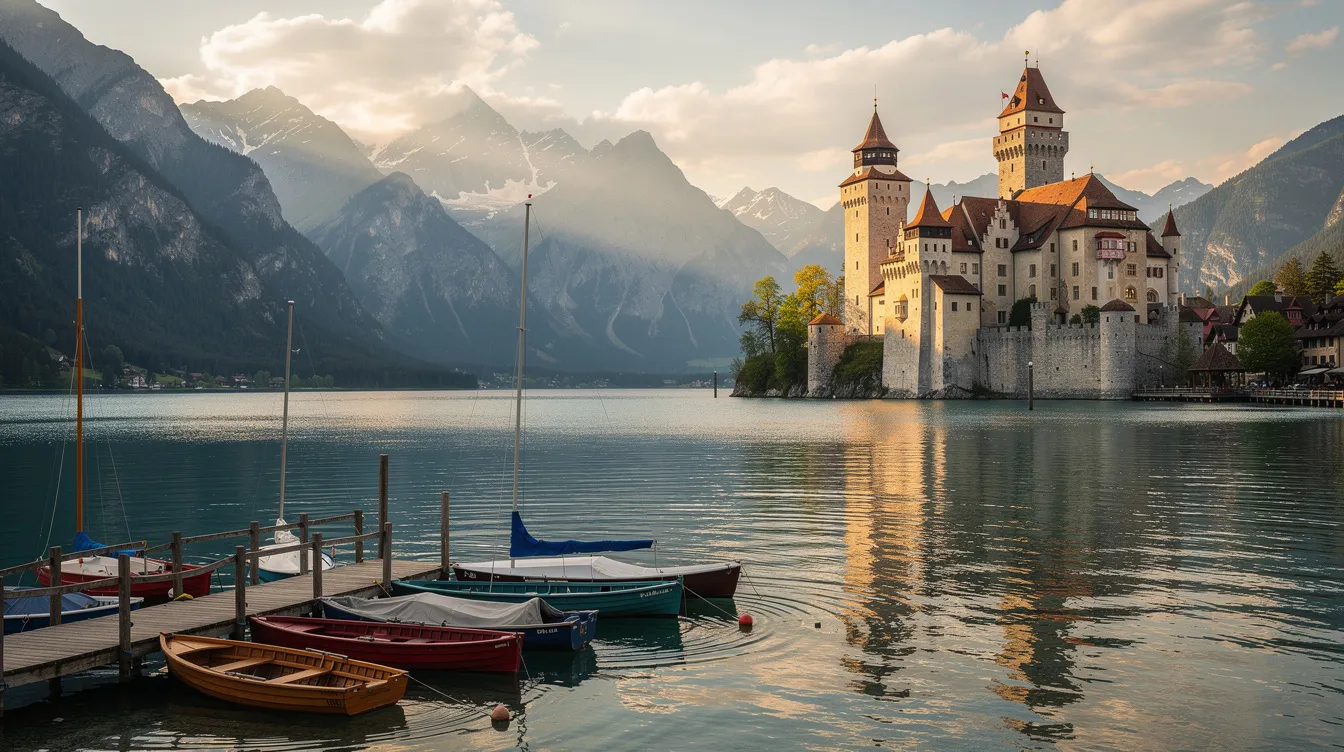 Ein historisches Schloss steht majestätisch am Ufer des Bodensees, während im Vordergrund mehrere Boote sanft auf dem Wasser schaukeln. Im Hintergrund erheben sich beeindruckende Berge, die einen malerischen Panoramablick auf die Umgebung bieten.