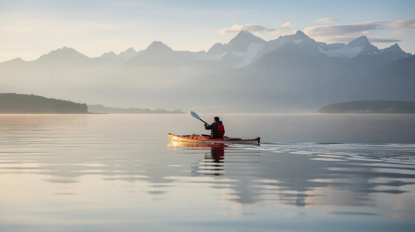 Ein Kajakfahrer paddelt ruhig auf dem Bodensee, während im Hintergrund beeindruckende Berge zu sehen sind. Diese idyllische Szene spiegelt die natürliche Schönheit der Region wider und lädt zur Erkundung der Umgebung ein, die von verschiedenen Vereinen und Gemeinschaften geprägt ist.