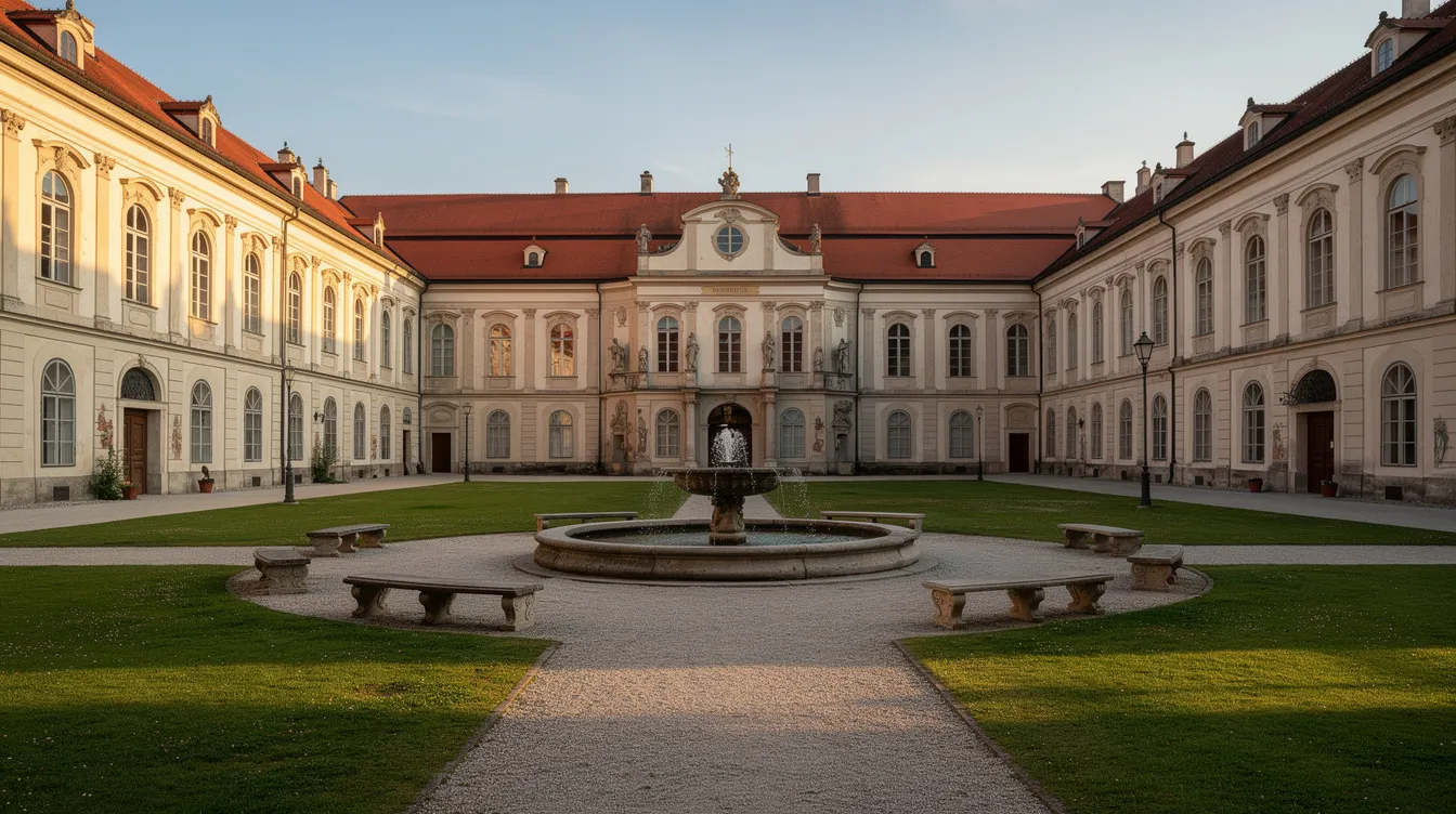 Der weitläufige barocke Klosterhof zeigt symmetrische Gebäudeflügel, gepflegte Rasenflächen und einen zentralen Brunnen, der eine ruhige Atmosphäre für Besucher des Klosters Hegne schafft. Diese idyllische Umgebung lädt zur Begegnung und zum Verweilen ein, während man die Schönheit der Bodenseeregion genießt.