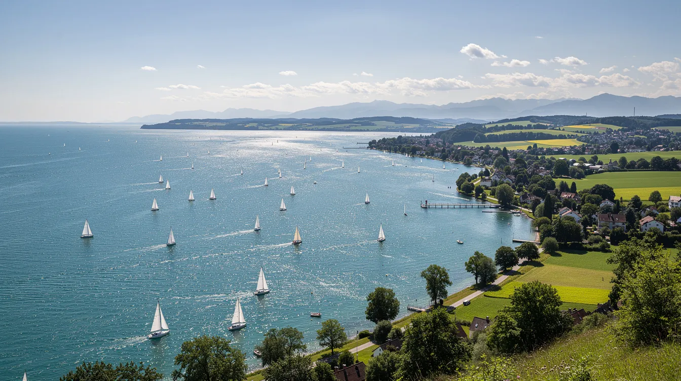 Ein Panoramablick auf den Bodensee zeigt Segelboote, die sanft auf dem Wasser treiben, umgeben von einer malerischen Uferlandschaft bei strahlendem Sonnenschein. Die idyllische Umgebung lädt Menschen und Gruppen ein, die Schönheit der Natur und die Gemeinschaft in der Region Bodenseekreis zu genießen.