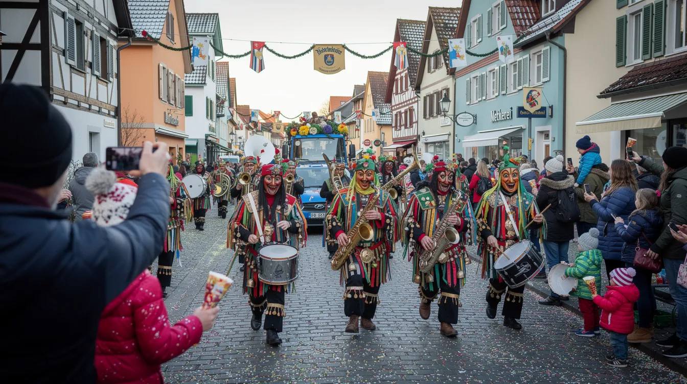 Der bunte Fastnachtsumzug durch eine kleine süddeutsche Stadt zeigt fröhliche Teilnehmer in traditionellen Kostümen und Masken, während zahlreiche Zuschauer am Straßenrand stehen und die fröhliche Atmosphäre genießen. Diese Veranstaltung ist ein Teil der regionalen Kultur und Geschichte, die die Gemeinschaft der Bodensee Alamannen und ihren Narrenverein feiert.