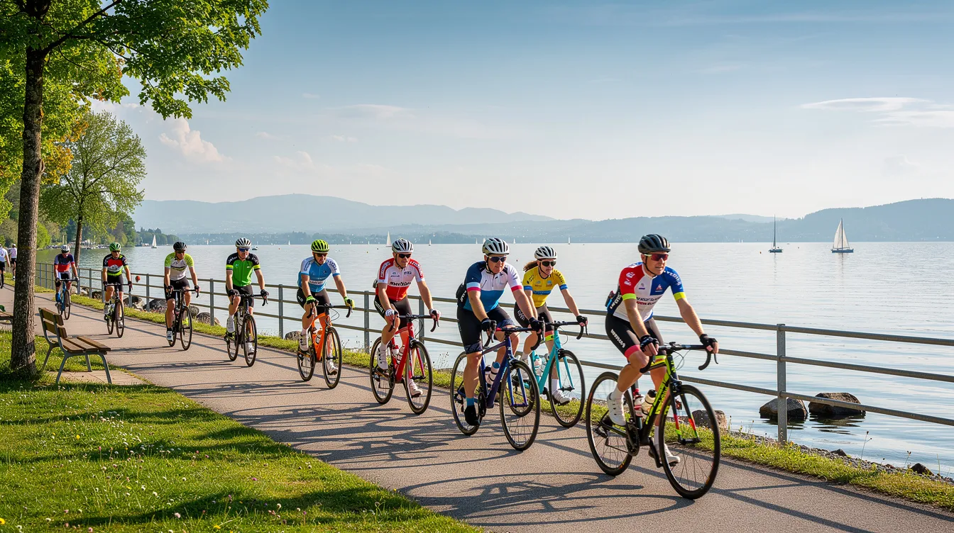 Eine Gruppe von Radfahrern fährt auf einem Uferweg am Bodensee, umgeben von der schönen Natur und mit Blick auf das glitzernde Wasser. Im Hintergrund sind die sanften Hügel der Umgebung zu sehen, die zur Gemeinschaft der Bodenseeregion gehören.