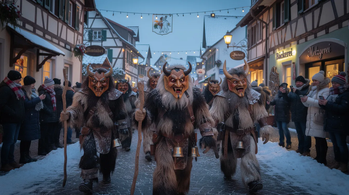 In einer winterlichen Kleinstadt ziehen maskierte Gestalten in Fell- und Lederkostümen während eines traditionellen Fastnachtsumzugs vorbei, um die Kultur und Geschichte der Bodensee Alamannen zu feiern. Die fröhlichen Narren des Narrenvereins Kressbronn e.V. bringen mit ihren bunten Häs und lebhaften Tänzen Leben in die Straßen.
