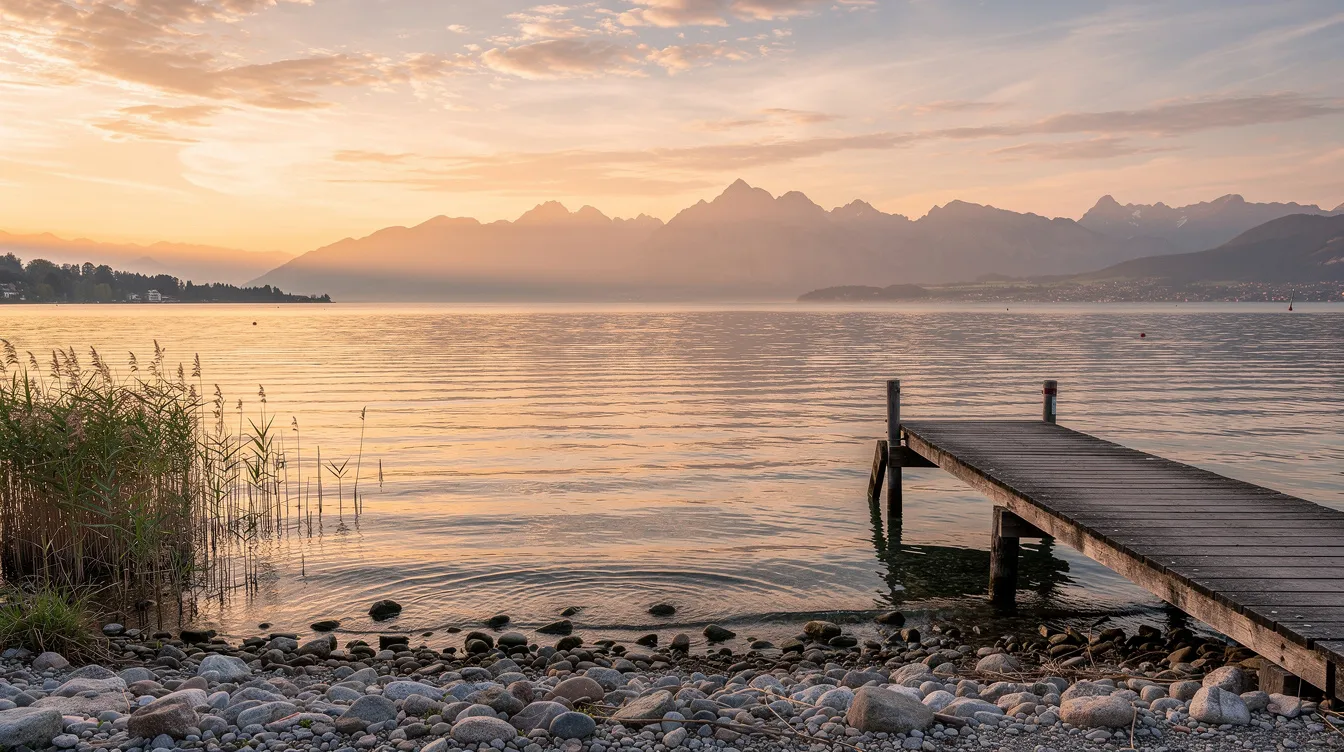 Das Bild zeigt ein friedliches Bodenseeufer bei Sonnenuntergang, mit sanften Bergen im Hintergrund und einem einladenden Holzsteg, der ins Wasser führt. Diese Szenerie verkörpert die ruhige Schönheit der Region Bodensee und lädt dazu ein, die Kultur und Geschichte der Alamannen zu entdecken.