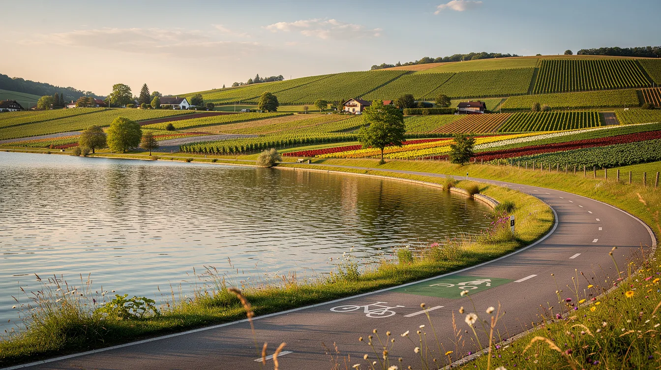 Ein malerischer Fahrradweg führt entlang eines glitzernden Sees, umgeben von üppigen Weinbergen und Gemüsefeldern im Hintergrund, während das sanfte Sommerlicht die Szene erhellt. In der Nähe befindet sich die Klosterinsel Reichenau, bekannt für ihre bedeutende Klostergeschichte und das UNESCO-Welterbe.