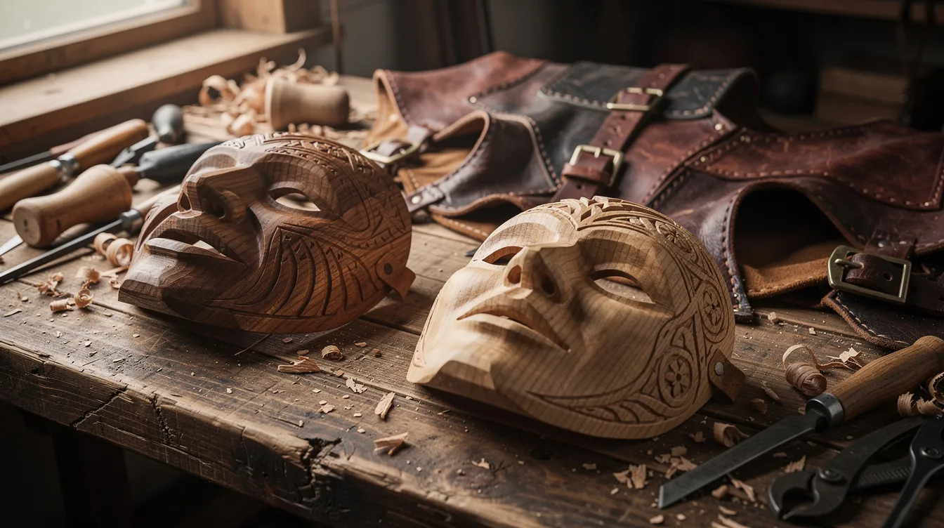 Die Nahaufnahme zeigt handgeschnitzte Holzmasken und kunstvoll gestaltete Lederkostüme auf einer Werkbank, umgeben von verschiedenen Werkzeugen. Diese Objekte sind Teil der traditionellen Kultur der Bodensee Alemannen und spiegeln die Geschichte der Narrenvereine in der Region wider.