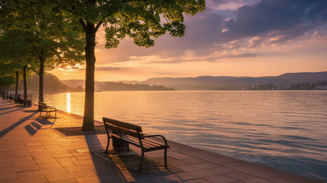 Der Blick auf den Bodensee zeigt eine malerische Uferpromenade bei Sonnenuntergang, umgeben von Bänken und Bäumen im Vordergrund, die eine einladende Atmosphäre für Gäste schaffen. Im Hintergrund erstreckt sich der glühende Himmel über dem See und bietet einen atemberaubenden Panoramablick auf die Umgebung.