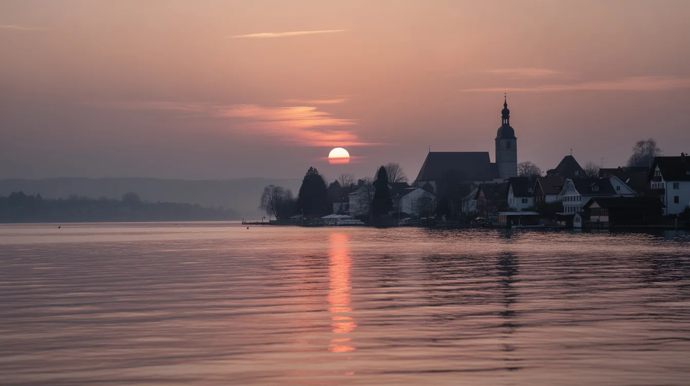 Ein malerischer Sonnenuntergang über dem Bodensee zeigt die Silhouette einer Kleinstadt am Ufer, umgeben von der natürlichen Schönheit der Region. Die Szene vermittelt ein Gefühl von Gemeinschaft und Ruhe, ideal für die Bürger und Mitglieder der örtlichen Vereine, die hier ihre Freizeit verbringen.