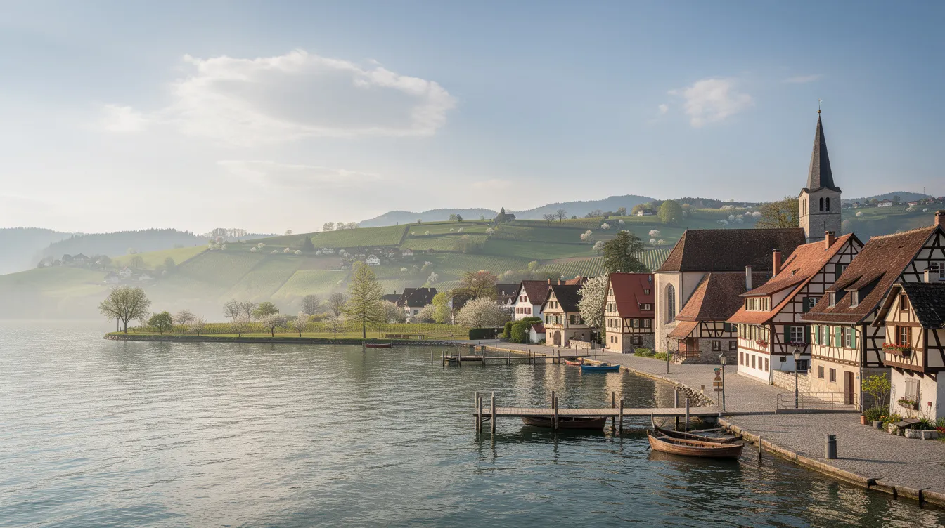 Die malerische Bodenseelandschaft zeigt ein historisches Dorf, umgeben von sanften Hügeln, die die Region Kressbronn prägen. Im Hintergrund sind die typischen Merkmale der Alamannen-Kultur sichtbar, die die Geschichte und das Leben am Bodensee widerspiegeln.