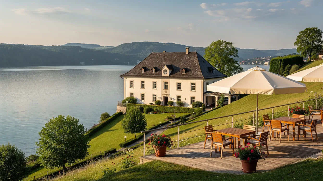 Das Bild zeigt ein ruhiges Klosterhotel mit einer einladenden Sonnenterrasse, umgeben von der malerischen Landschaft des Bodensees und bewaldeten Hügeln im Hintergrund. Die Szenerie strahlt eine Atmosphäre von Spiritualität und Gemeinschaft aus, ideal für Erholung und Begegnung.