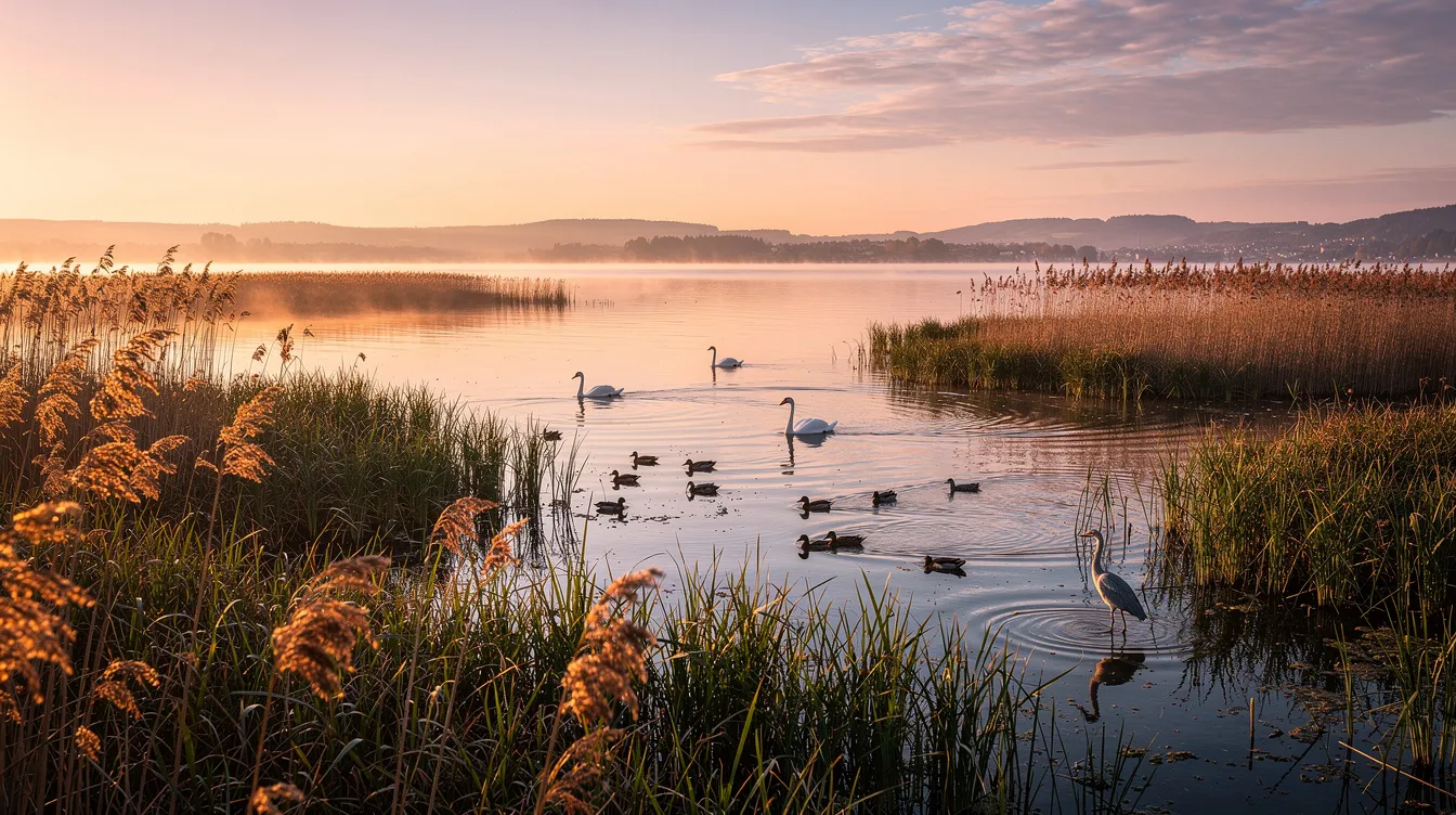 Ein Feuchtgebiet am Ufer des Bodensees zeigt im Abendlicht Schilf und verschiedene Wasservögel, die in der ruhigen Umgebung nach Nahrung suchen. Diese Naturlandschaft spiegelt die Vielfalt der Flora und Fauna der Region wider und bietet einen Rückzugsort für viele Tierarten.